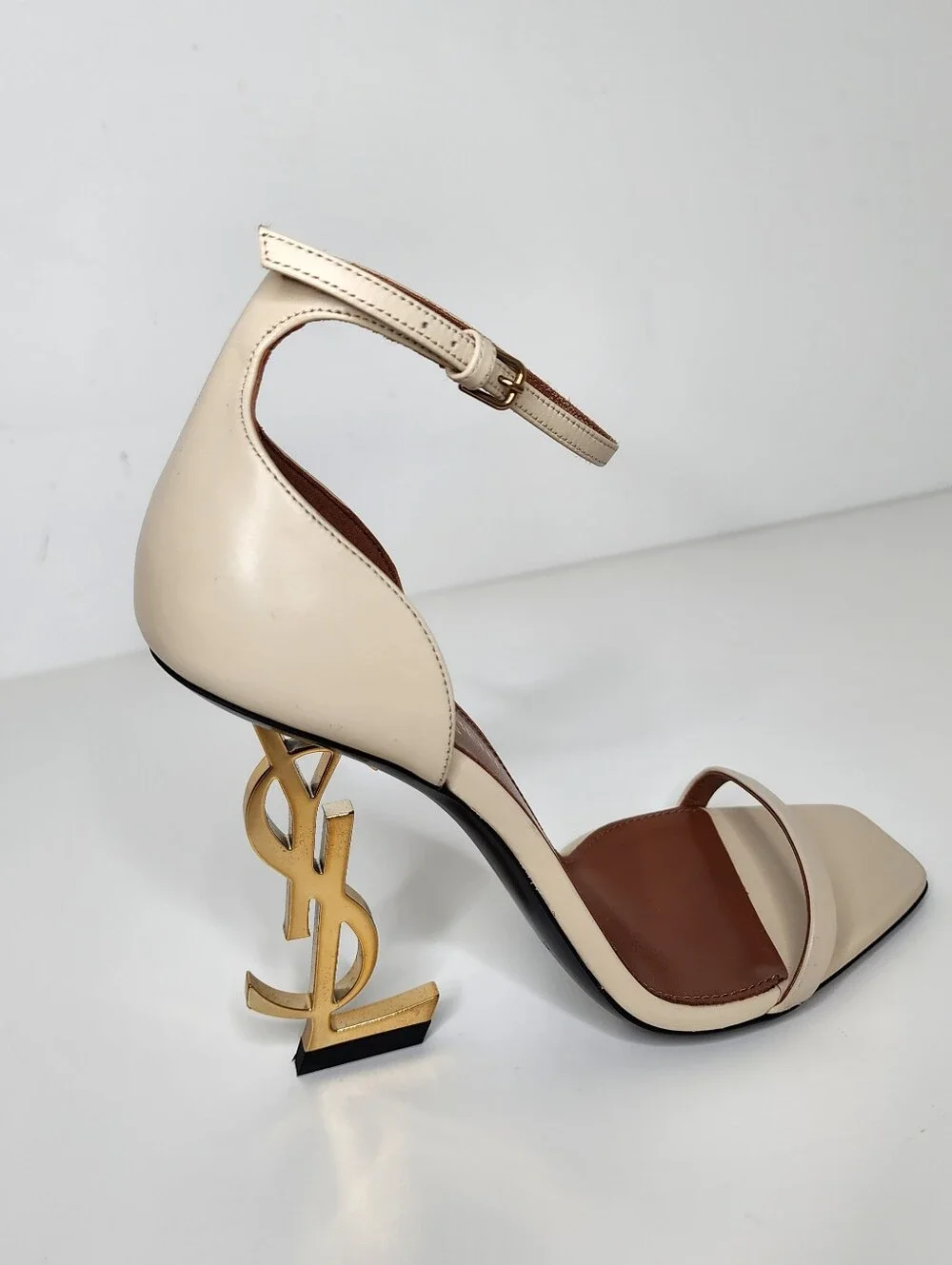 Saint Laurent Opyum 110 Leather Logo-Heel Sandals In Beige Size 35 - Picture 4 of 10